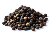 Pile of whole black peppercorns showing varied colors and textures, essential cooking spice for culinary use in gourmet cuisine.