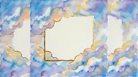 Watercolor sky background with soft pastel clouds in blue, purple, and gold tones, featuring a golden square frame for text or design.