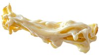 Creamy melted cheese stretch with dripping strands isolated on white background, ready for food packaging, menu design and advertising materials.