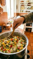 Male chef of African descent stirring a large pot of mixed vegetable risotto in a warm, rustic kitchen with terracotta tiles and open shelving displaying cookware and dishware.