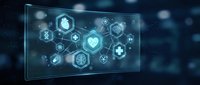 Digital healthcare interface with medical icons and network connections on transparent screen for telemedicine and health technology applications.