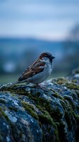 Small sparrow perched on moss-covered stone wall with blurred mountain landscape background during golden hour light for nature photography projects.