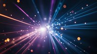 Vibrant light burst with radiating blue and pink beams against dark background, glowing particles and lens flares create dynamic cosmic effect.