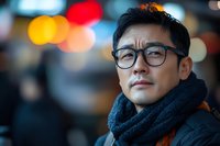 Young Asian man wearing glasses and winter scarf looking thoughtful against blurred city lights background, expressing contemplation and modern urban lifestyle.