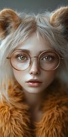 Young woman with freckles wearing round glasses and fluffy orange coat, natural makeup, and styled white-blonde hair with playful bun-like styling. Close-up portrait.