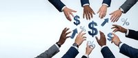 Business team hands reaching for dollar signs and percentage symbols representing financial collaboration and profit sharing in corporate environment.