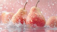 Fresh red pears splashing in clear water with water drops and dynamic motion against pink background, macro food photography with bokeh effect.