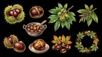 Chestnuts isolated on transparent background, ready for clipart, t-shirt design, stickers, print-on-demand products, sublimation, and digital crafts. Includes whole nuts, opened shells, leaves, and botanical elements.