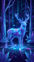 Futuristic neon deer with geometric polygonal design in glowing blue and purple digital forest environment for technology and sci-fi concepts.