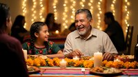 Hispanic grandfather and granddaughter enjoying traditional meal together at festive dinner table with warm bokeh lights creating cozy family atmosphere.
