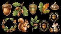 Autumn forest clipart set with acorns, oak leaves, squirrel, and mouse isolated on transparent background, ready for stickers, t-shirt design, and print on demand.