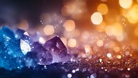 Magical crystal formation with blue and purple amethyst gems on dark background illuminated by warm golden bokeh lights and sparkles. Macro photography.