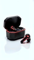 Wireless earbuds with carbon fiber charging case featuring red accents, isolated on white background for product design and marketing use.