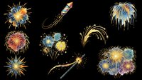 Colorful fireworks clipart set isolated on transparent background, featuring bursts, rockets, and sparklers for celebrations, t-shirt design, stickers, and print on demand.