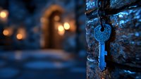 Vintage blue key hanging on stone wall at dusk with glowing lights and archway in soft focus background creates mysterious medieval atmosphere.