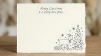 Festive greeting card with hand-drawn holiday scene featuring deer, evergreen trees, snowflakes and winter village elements. Merry Christmas and Happy New Year message. Suitable for seasonal cards and holiday designs.