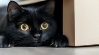 Close up portrait of curious black cat with bright yellow eyes peeking from cardboard box, showing playful and mysterious feline behavior.