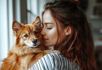Young Caucasian woman with long brown hair wearing striped shirt embracing ginger Pomeranian dog near window in warm atmospheric lighting, showing pet love and care.