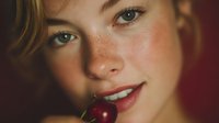Young blonde woman with freckles holding red cherry between teeth, natural beauty portrait with warm lighting and intimate close-up composition.