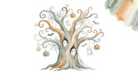 Spooky Halloween tree with hanging ghosts and pumpkins in watercolor style isolated on white background for seasonal decorations and festive designs.