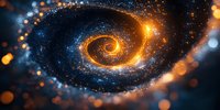 Spiral galaxy with glowing orange and blue cosmic dust forming eye-like shape in deep space, surrounded by bright particles and stellar formations.