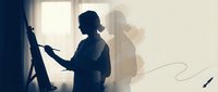 Woman artist painting on easel in studio with natural light and shadow effects, suitable for creative, art education, and professional content.