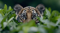 Young tiger cub peeking through green foliage with intense blue eyes and distinctive black stripes in natural jungle habitat for wildlife photography.