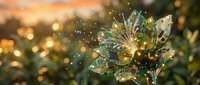 Magical glass lotus flower with golden lights and sparkling bokeh effects at sunset creating dreamy ethereal atmosphere for meditation and wellness designs.