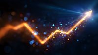 Glowing orange and blue arrow chart line with sparkles and bokeh effects on dark background shows upward market trend and financial growth momentum.
