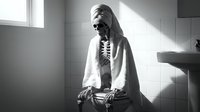 Elderly man with long white hair and beard wearing hooded robe sits contemplatively in minimalist bathroom with natural light, conveying spirituality and introspection.