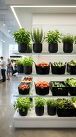 Modern grocery store display with fresh herbs and vegetables in black containers on white shelves. Organic produce retail interior design for healthy shopping.