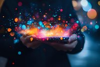 Magical glowing particles and colorful bokeh lights floating above cupped hands in dark background, creating ethereal atmospheric effect for spiritual concepts.