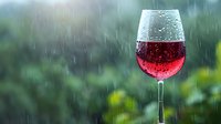 Glass of rose wine with water drops against rainy window background creates moody atmosphere. Natural bokeh and raindrops add romantic ambiance.