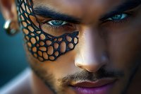 Close up portrait of young African American male model with artistic black lace face paint pattern and striking blue eyes against dark background.