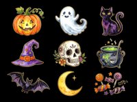 Halloween clipart set with pumpkin, ghost, black cat, witch hat, skull, cauldron, bat, moon, and candy, isolated on transparent background, ready for stickers and t-shirt design.