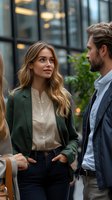 Young professional woman in green blazer and beige blouse engaging in casual business conversation with colleagues outside modern office building. Authentic workplace interaction.