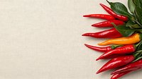 Fresh red and orange chili peppers with green leaves arranged on light beige linen textile background with copy space for text. Food photography layout.