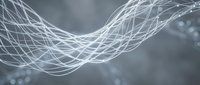 Glowing white light trails flowing in wave pattern against blurred gray background with bokeh effects, representing data flow, technology, and digital connectivity for web and tech design.