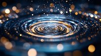 Mesmerizing water ripple with golden bokeh lights creating spiral pattern on dark blue surface, macro photography capturing liquid motion and light reflection.