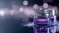 Luxurious purple cosmetic cream jar with glitter sparkles on dark background with bokeh lights, beauty product photography for skincare advertising.