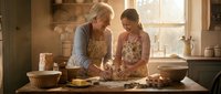 Grandmother and granddaughter baking together in rustic kitchen, teaching traditional cooking skills across generations in warm homey atmosphere.