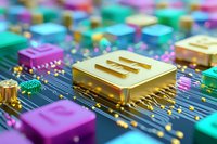 Colorful microchips and electronic components on circuit board with gold processor in center, macro view showing technology infrastructure and computing power.