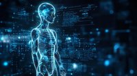 Glowing blue holographic human figure with digital code and data visualization elements on dark background for medical technology and AI concepts.