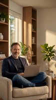 Mature Caucasian businessman with beard working on laptop from home office sofa in modern living room with wooden shelves and plants during golden hour.