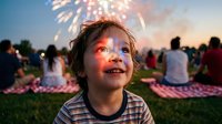 Young boy with face paint watching fireworks display at outdoor summer festival celebration with families on blankets in park during twilight evening.