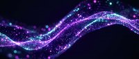 Purple and blue glowing particle wave with sparkling lights on dark background for digital technology, data visualization and futuristic design projects.