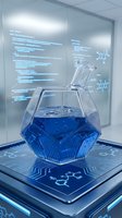 Modern laboratory flask with blue chemical solution on digital interface tablet displaying molecular formulas and scientific data in futuristic research facility.