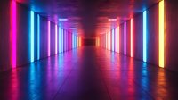 Futuristic corridor with vibrant neon lights in pink, blue and yellow colors reflecting on glossy floor creates perspective view into dark vanishing point.
