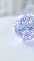Iridescent holographic sphere with swirling light patterns and rainbow reflections on soft white background, suitable for tech, innovation, and futuristic design projects.