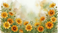 Watercolor orange and yellow wildflowers with green leaves on a soft textured background, copy space for text or greeting cards.